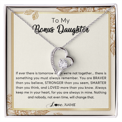 Forever Love Necklace | Personalized To My Bonus Daughter Necklace From Stepmother Braver Stronger Smarter Loved Daughter Jewelry Birthday Christmas Customized Gift Box Message Card | siriusteestore