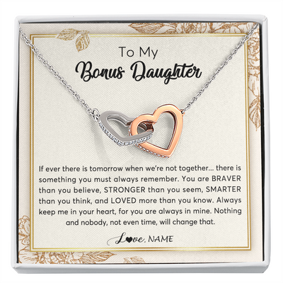 Interlocking Hearts Necklace | Personalized To My Bonus Daughter Necklace From Stepmother Braver Stronger Smarter Loved Daughter Jewelry Birthday Christmas Customized Gift Box Message Card | siriusteestore