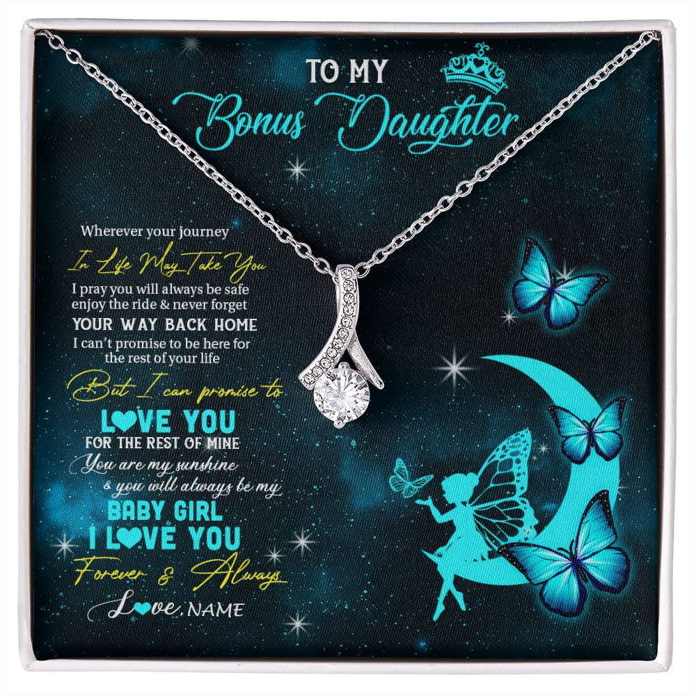 Alluring Beauty Necklace | Personalized To My Bonus Daughter Necklace From Stepmother Fairy Silhouette Fantasy Moon Stepdaughter Birthday Christmas Customized Gift Box Message Card | siriusteestore