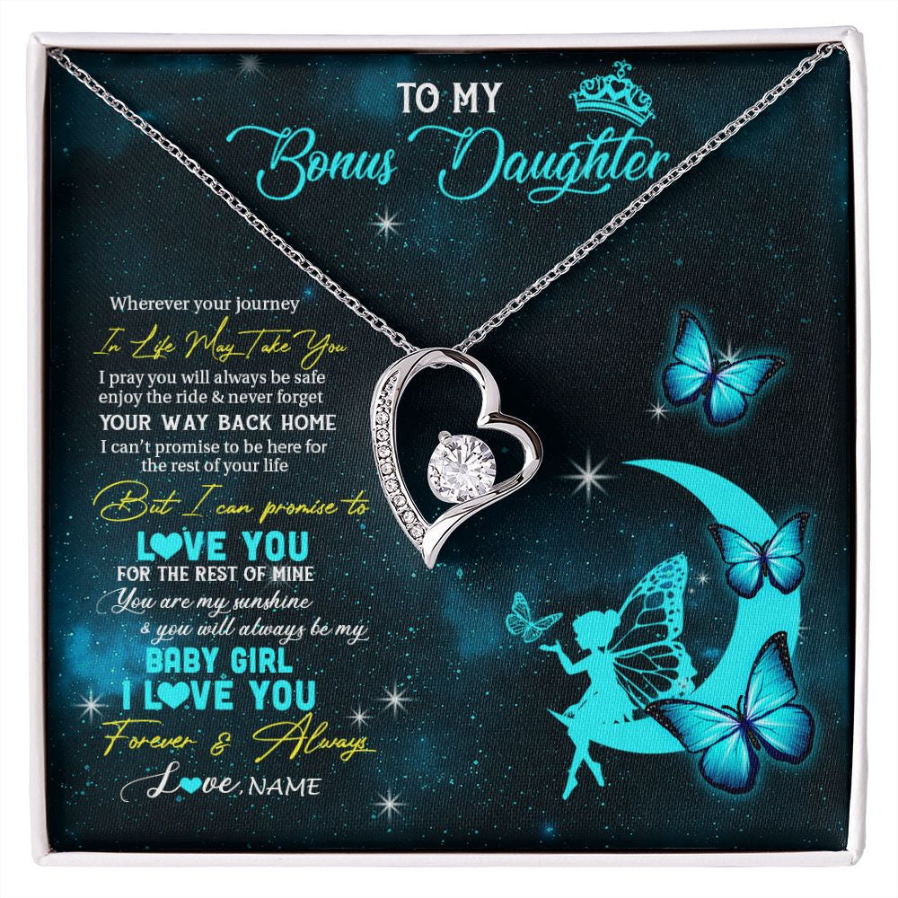 Forever Love Necklace | Personalized To My Bonus Daughter Necklace From Stepmother Fairy Silhouette Fantasy Moon Stepdaughter Birthday Christmas Customized Gift Box Message Card | siriusteestore