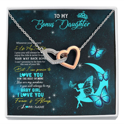 Interlocking Hearts Necklace | Personalized To My Bonus Daughter Necklace From Stepmother Fairy Silhouette Fantasy Moon Stepdaughter Birthday Christmas Customized Gift Box Message Card | siriusteestore