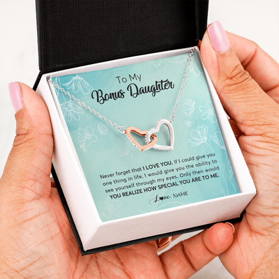 Interlocking Hearts Necklace | Personalized To My Bonus Daughter Necklace From Stepmother Flower Never Forget I Love You Stepdaughter Jewelry Birthday Customized Gift Box Message Card | siriusteestore