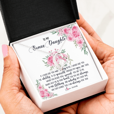 Forever Love Necklace | Personalized To My Bonus Daughter Necklace From Stepmother I Will Always Love You Stepdaughter Birthday Christmas Jewelry Customized Gift Box Message Card | siriusteestore