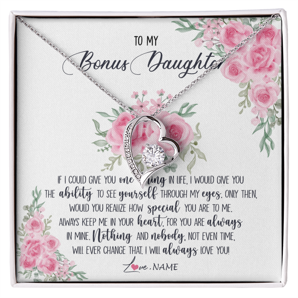Forever Love Necklace | Personalized To My Bonus Daughter Necklace From Stepmother I Will Always Love You Stepdaughter Birthday Christmas Jewelry Customized Gift Box Message Card | siriusteestore