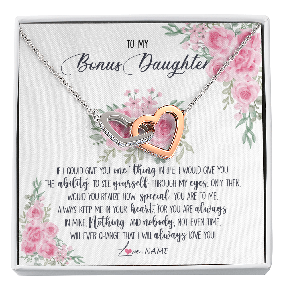 Interlocking Hearts Necklace | Personalized To My Bonus Daughter Necklace From Stepmother I Will Always Love You Stepdaughter Birthday Christmas Jewelry Customized Gift Box Message Card | siriusteestore