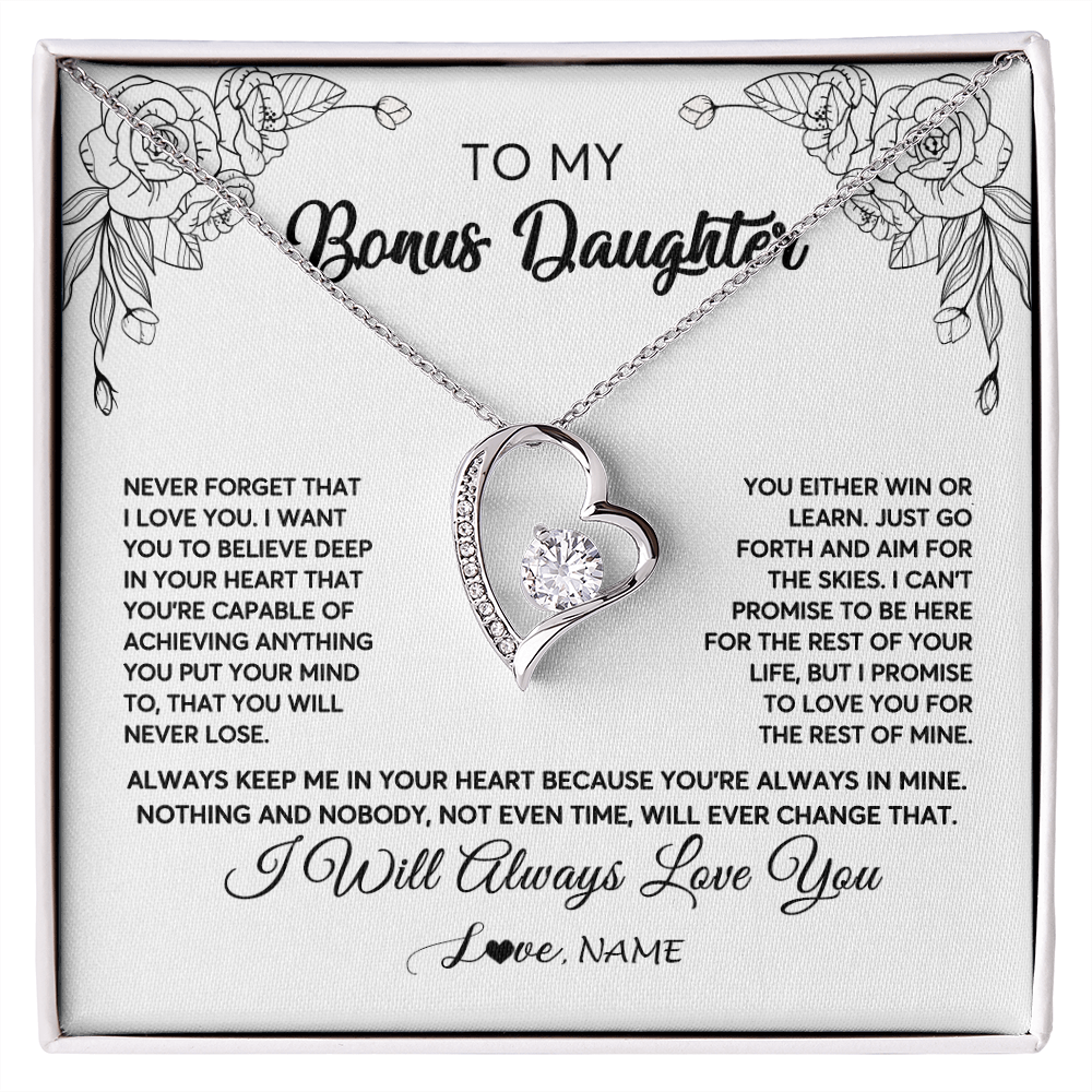 Forever Love Necklace | Personalized To My Bonus Daughter Necklace From Stepmother Never Forget That I Love You Step Daughter Birthday Christmas Customized Gift Box Message Card | siriusteestore