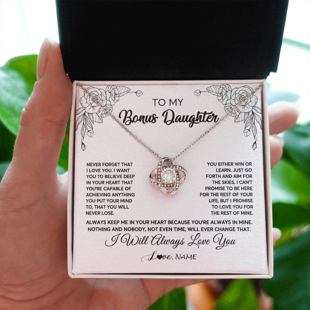 Love Knot Necklace | Personalized To My Bonus Daughter Necklace From Stepmother Never Forget That I Love You Step Daughter Birthday Christmas Customized Gift Box Message Card | siriusteestore