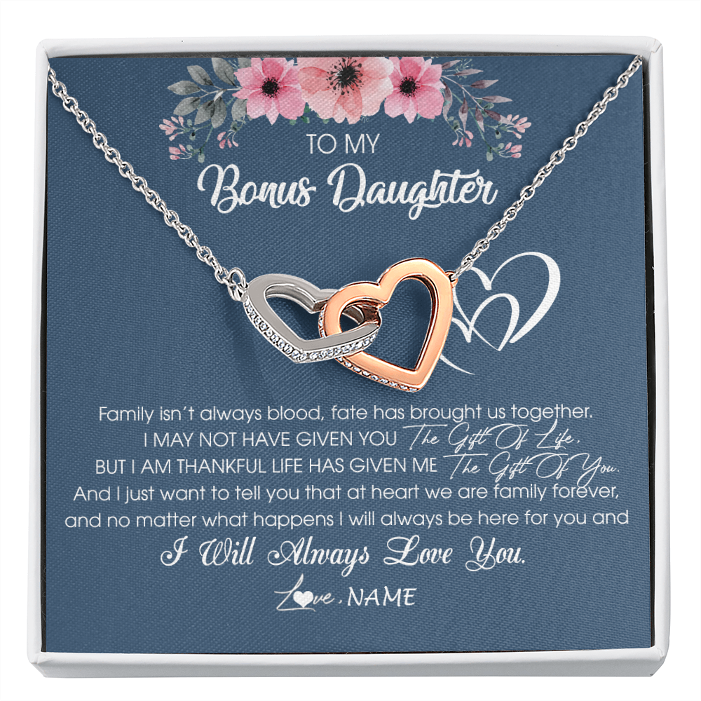 Interlocking Hearts Necklace | Personalized To My Bonus Daughter Necklace From Stepmother Stepfather I Will Always Love You Stepdaughter Jewelry Birthday Christmas Customized Message Card | siriusteestore