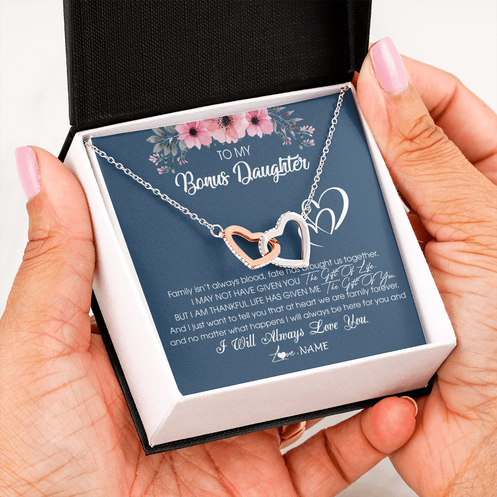 Interlocking Hearts Necklace | Personalized To My Bonus Daughter Necklace From Stepmother Stepfather I Will Always Love You Stepdaughter Jewelry Birthday Christmas Customized Message Card | siriusteestore