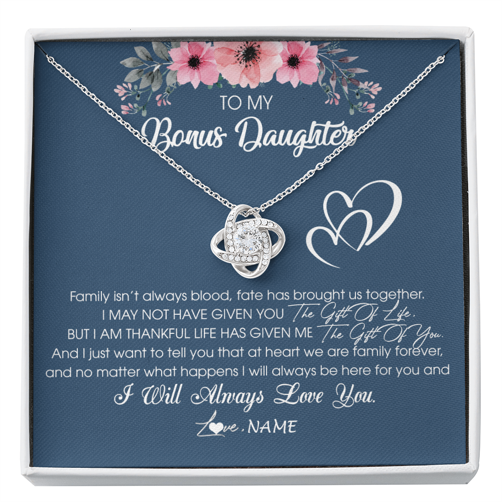 Love Knot Necklace | Personalized To My Bonus Daughter Necklace From Stepmother Stepfather I Will Always Love You Stepdaughter Jewelry Birthday Christmas Customized Message Card | siriusteestore