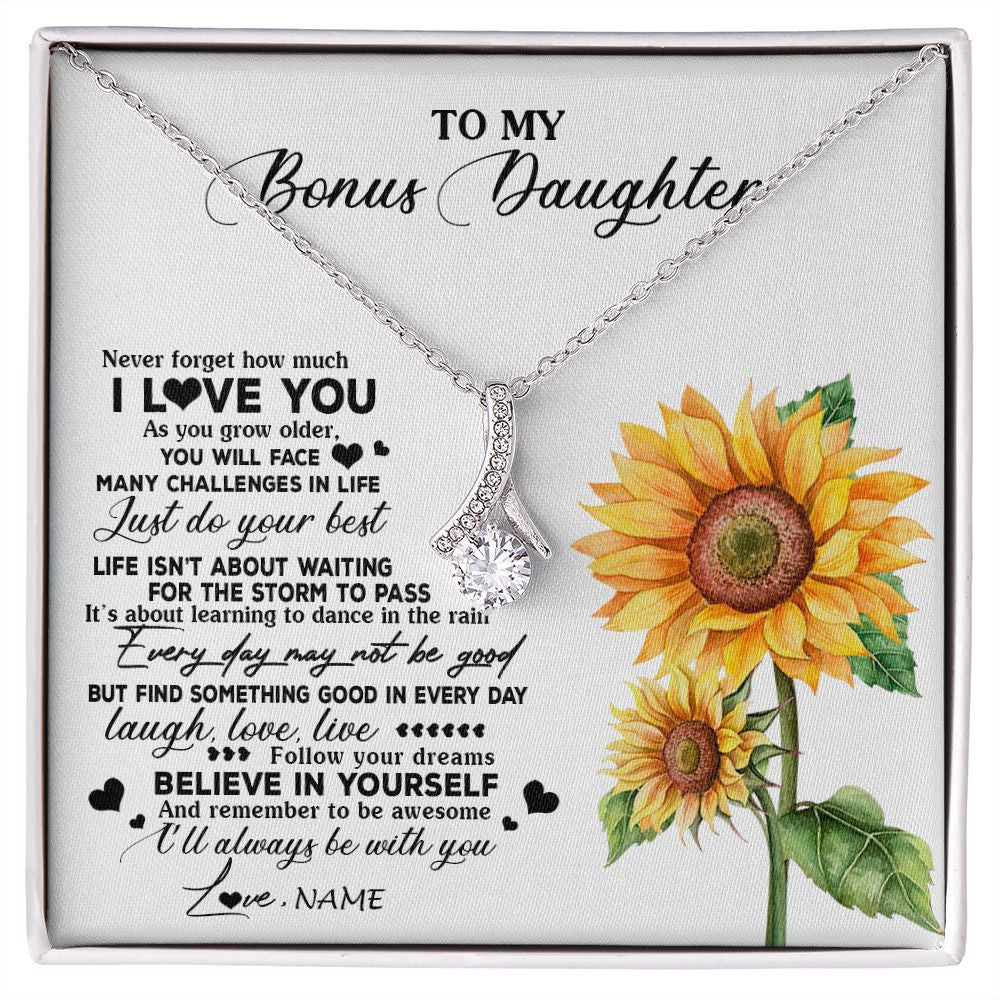 Alluring Beauty Necklace | Personalized To My Bonus Daughter Necklace From Stepmother Sunflower Wood Laugh Love Live Stepdaughter Birthday Christmas Customized Gift Box Message Card | siriusteestore