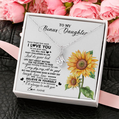 Alluring Beauty Necklace | Personalized To My Bonus Daughter Necklace From Stepmother Sunflower Wood Laugh Love Live Stepdaughter Birthday Christmas Customized Gift Box Message Card | siriusteestore