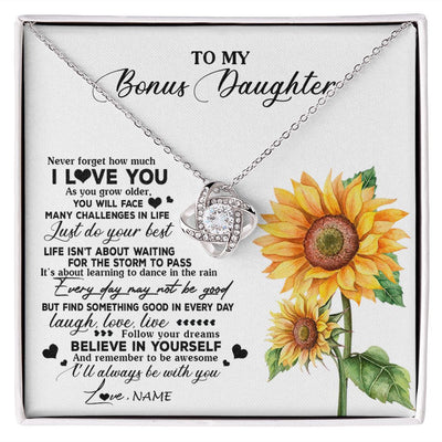 Love Knot Necklace | Personalized To My Bonus Daughter Necklace From Stepmother Sunflower Wood Laugh Love Live Stepdaughter Birthday Christmas Customized Gift Box Message Card | siriusteestore