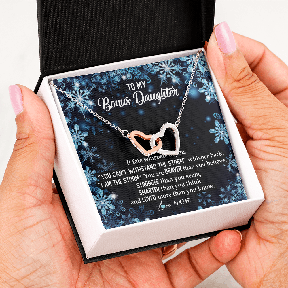 Interlocking Hearts Necklace | Personalized To My Bonus Daughter Necklace From Stepmother Whisper Back I Am The Storm Stepdaughter Jewelry Birthday Christmas Customized Message Card | siriusteestore