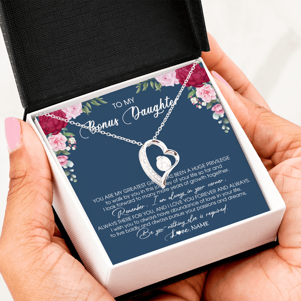 Forever Love Necklace | Personalized To My Bonus Daughter Necklace From Stepmother You Are My Greatest Gift Stepdaughter Birthday Customized Jewelry Gift Box Message Card | siriusteestore