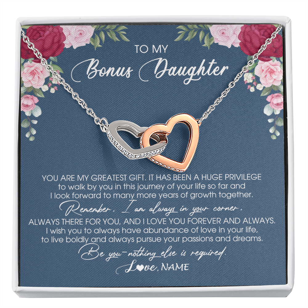 Interlocking Hearts Necklace | Personalized To My Bonus Daughter Necklace From Stepmother You Are My Greatest Gift Stepdaughter Birthday Customized Jewelry Gift Box Message Card | siriusteestore
