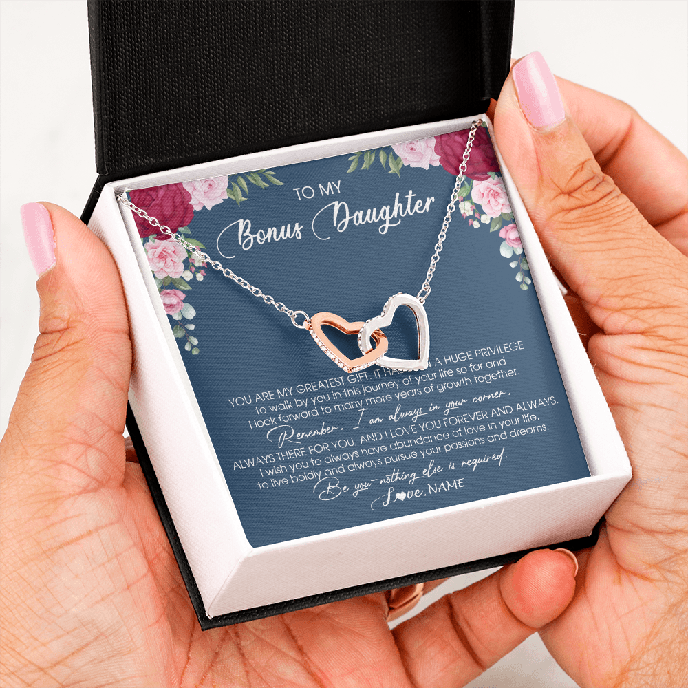 Interlocking Hearts Necklace | Personalized To My Bonus Daughter Necklace From Stepmother You Are My Greatest Gift Stepdaughter Birthday Customized Jewelry Gift Box Message Card | siriusteestore