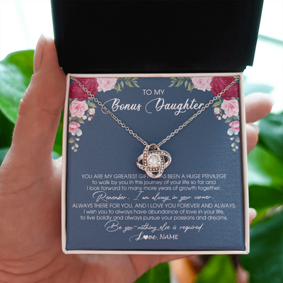 Love Knot Necklace | Personalized To My Bonus Daughter Necklace From Stepmother You Are My Greatest Gift Stepdaughter Birthday Customized Jewelry Gift Box Message Card | siriusteestore