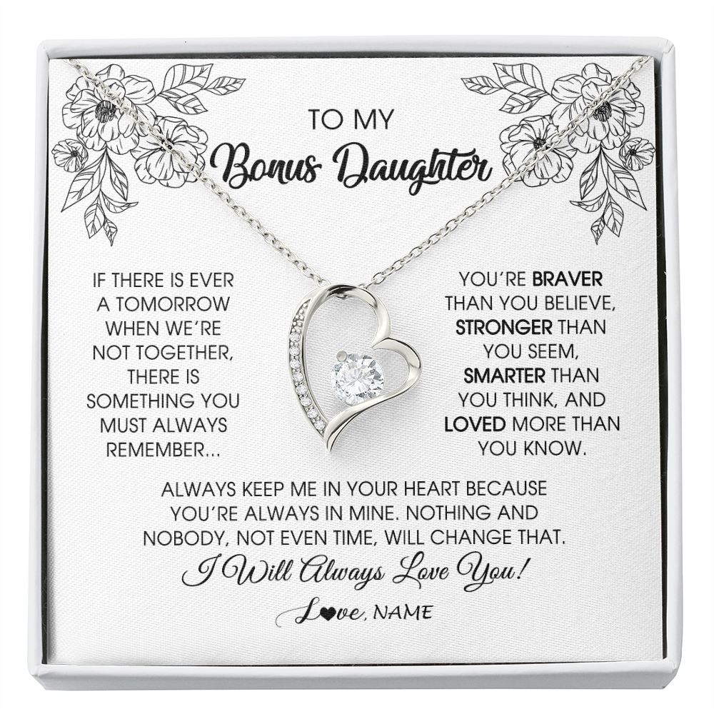 Forever Love Necklace | Personalized To My Bonus Daughter Necklace From Stepmother You're Braver Stronger Smarter Stepdaughter Birthday Customized Jewelry Gift Box Message Card | siriusteestore