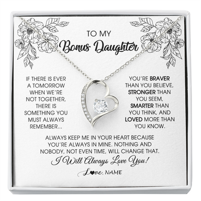 Forever Love Necklace | Personalized To My Bonus Daughter Necklace From Stepmother You're Braver Stronger Smarter Stepdaughter Birthday Customized Jewelry Gift Box Message Card | siriusteestore