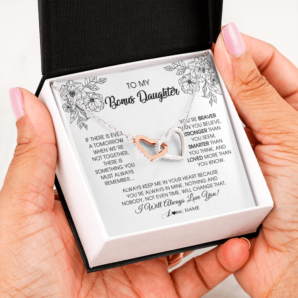 Interlocking Hearts Necklace | Personalized To My Bonus Daughter Necklace From Stepmother You're Braver Stronger Smarter Stepdaughter Birthday Customized Jewelry Gift Box Message Card | siriusteestore