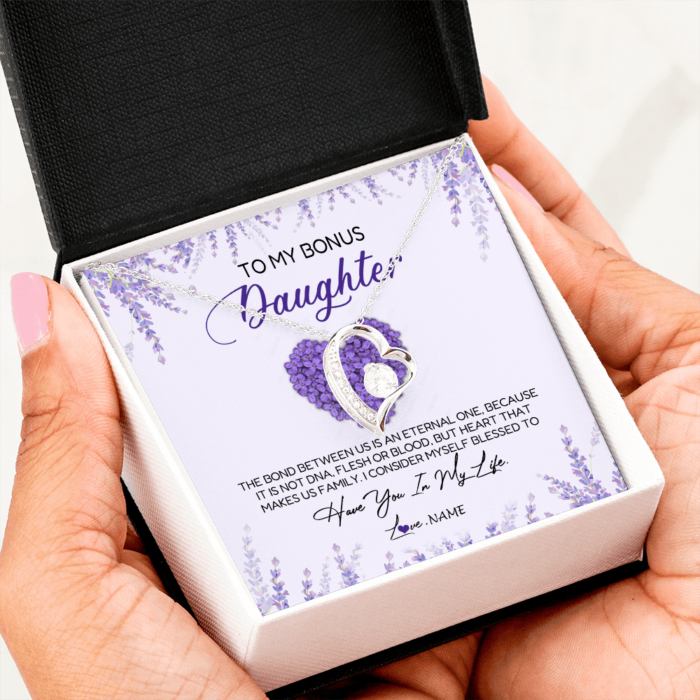 Forever Love Necklace | Personalized To My Bonus Daughter Necklace The Bond Between Us Is An Eternal Future Step Daughter Jewelry Birthday Christmas Customized Gift Box Message Card | siriusteestore