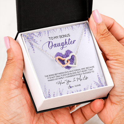 Interlocking Hearts Necklace | Personalized To My Bonus Daughter Necklace The Bond Between Us Is An Eternal Future Step Daughter Jewelry Birthday Christmas Customized Gift Box Message Card | siriusteestore