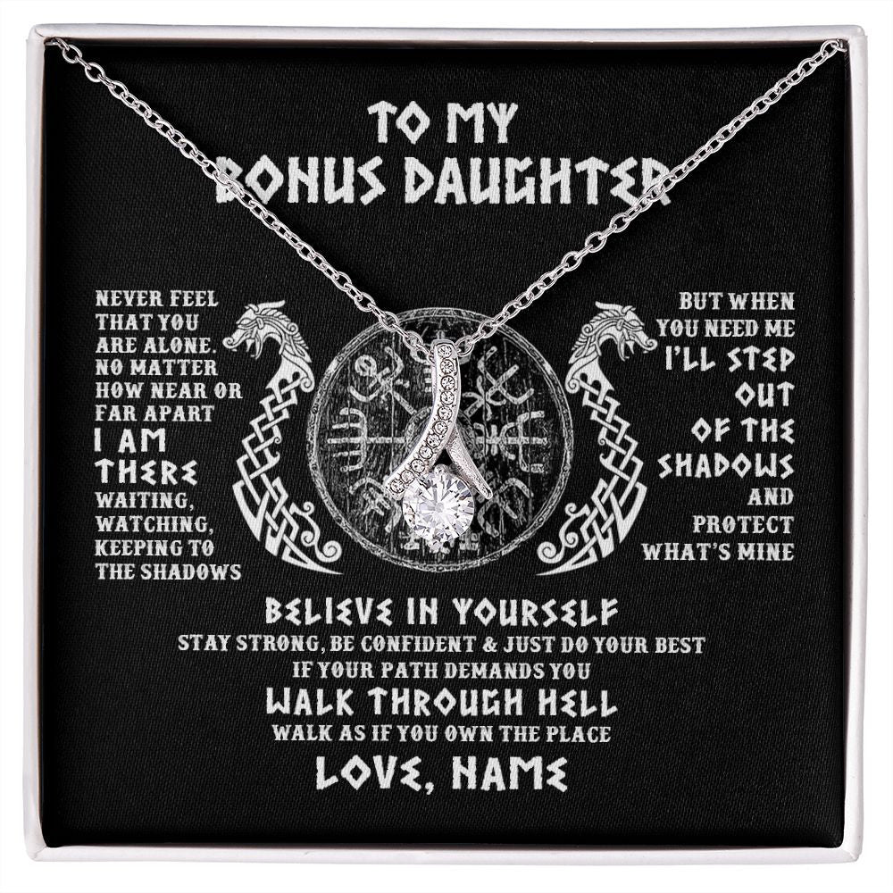 Alluring Beauty Necklace | Personalized To My Bonus Daughter Necklace Viking Never Feel You Are Alone Odin Scandinavian Norse Runes Birthday Christmas Customized Gift Box Message Card | siriusteestore