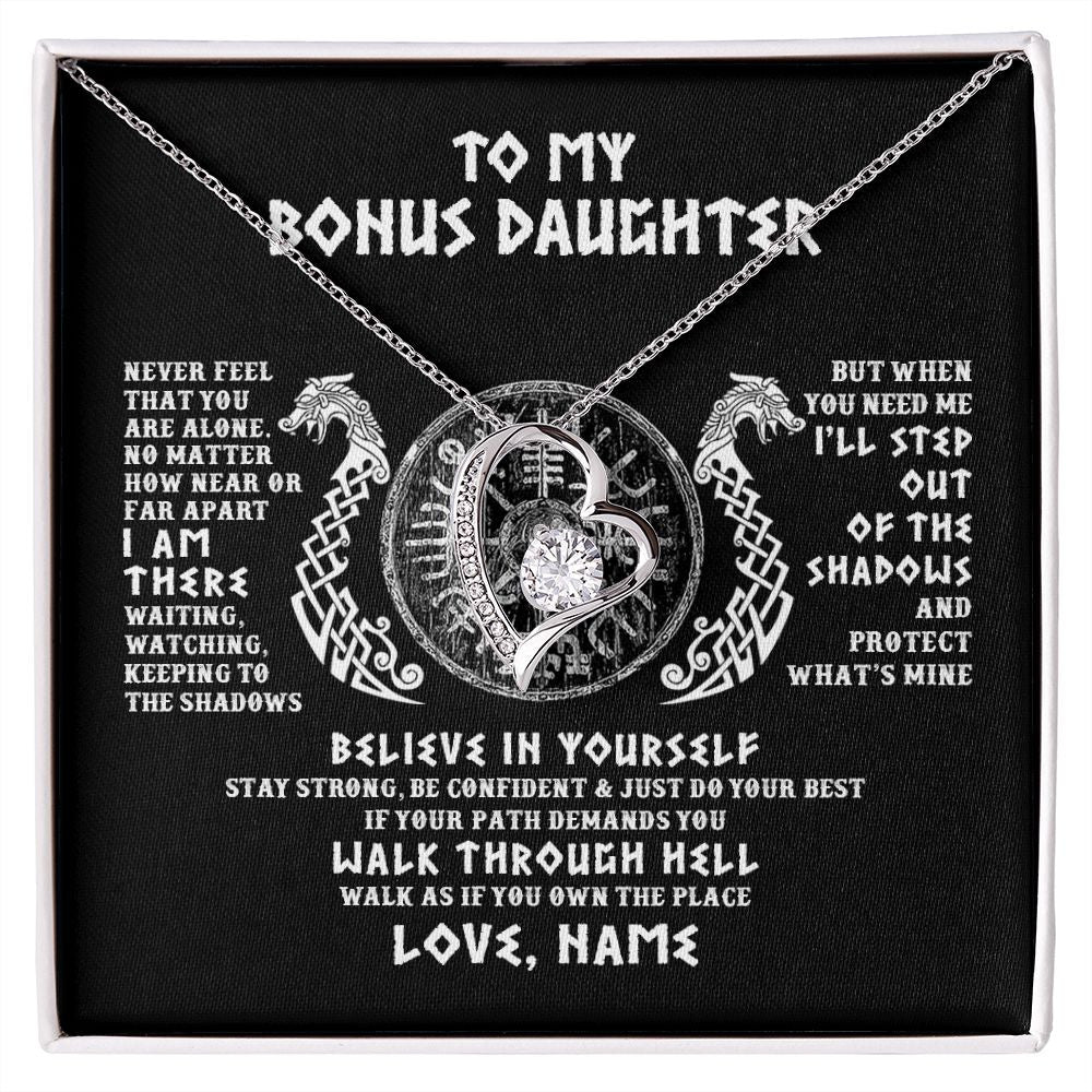 Forever Love Necklace | Personalized To My Bonus Daughter Necklace Viking Never Feel You Are Alone Odin Scandinavian Norse Runes Birthday Christmas Customized Gift Box Message Card | siriusteestore