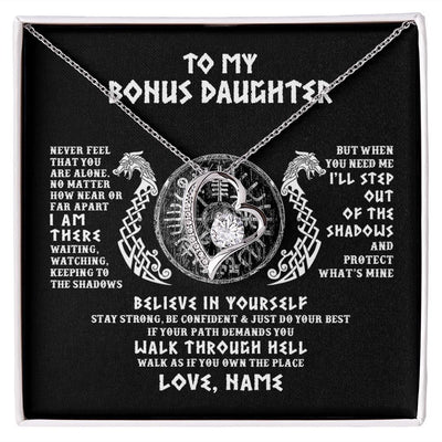 Forever Love Necklace | Personalized To My Bonus Daughter Necklace Viking Never Feel You Are Alone Odin Scandinavian Norse Runes Birthday Christmas Customized Gift Box Message Card | siriusteestore