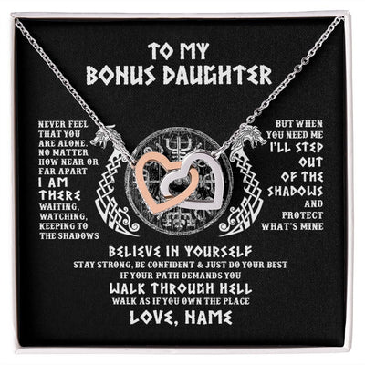 Interlocking Hearts Necklace | Personalized To My Bonus Daughter Necklace Viking Never Feel You Are Alone Odin Scandinavian Norse Runes Birthday Christmas Customized Gift Box Message Card | siriusteestore
