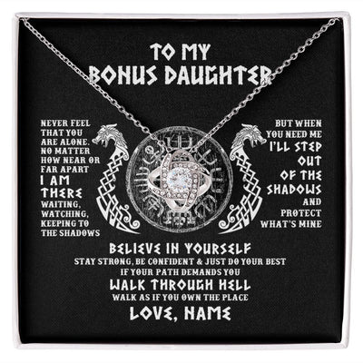 Love Knot Necklace | Personalized To My Bonus Daughter Necklace Viking Never Feel You Are Alone Odin Scandinavian Norse Runes Birthday Christmas Customized Gift Box Message Card | siriusteestore