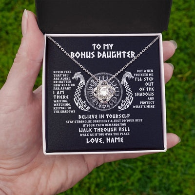 Love Knot Necklace | Personalized To My Bonus Daughter Necklace Viking Never Feel You Are Alone Odin Scandinavian Norse Runes Birthday Christmas Customized Gift Box Message Card | siriusteestore
