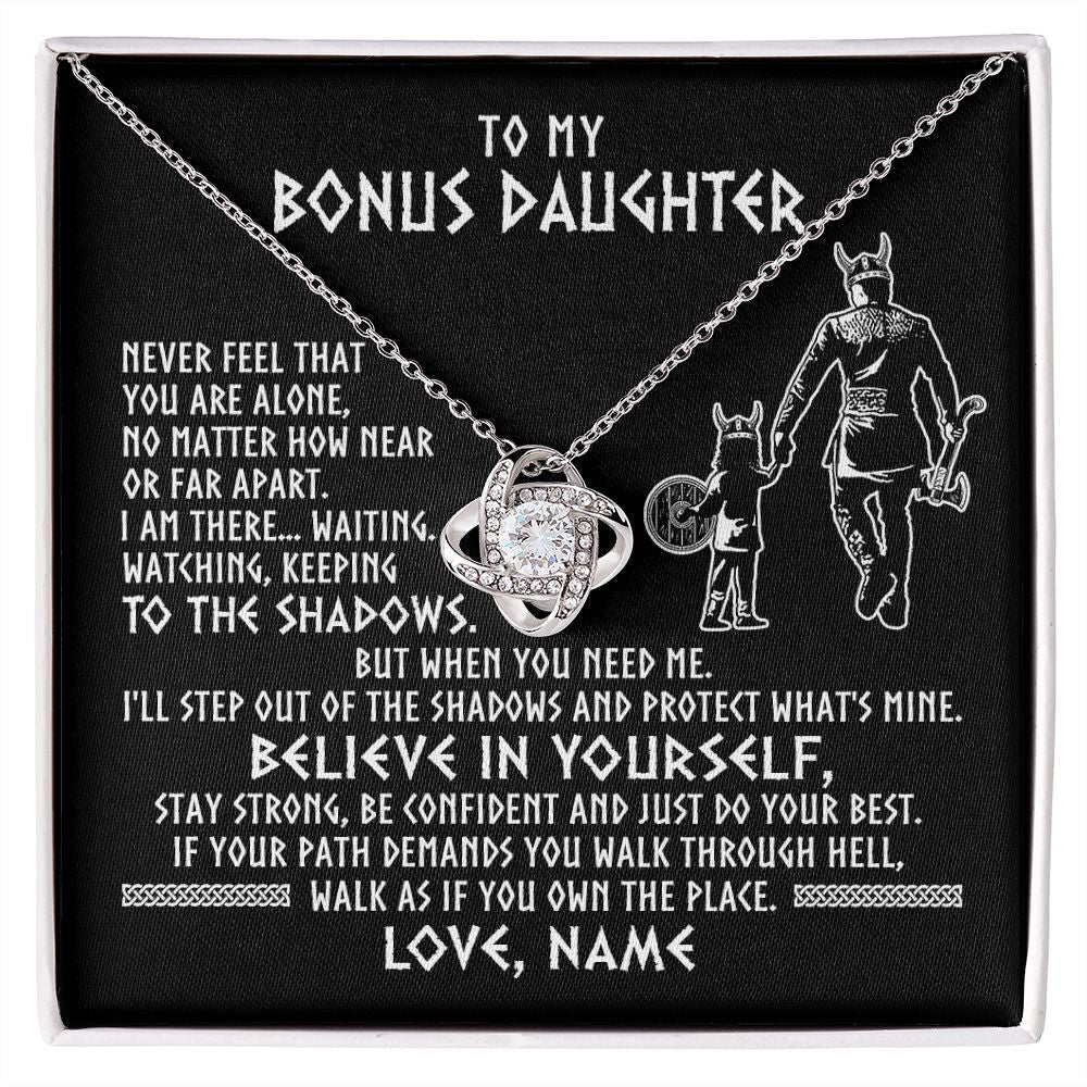 Love Knot Necklace | Personalized To My Bonus Daughter Necklace Viking Never Feel You Are Alone Scandinavian Runes Viking Stepdaughter Christmas Customized Gift Box Message Card | siriusteestore