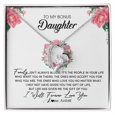 Forever Love Necklace | Personalized To My Bonus Daughter Necklace from Stepmom Family Isn't Always Blood Step Daughter Jewelry Birthday Christmas Customized Gift Box Message Card | siriusteestore