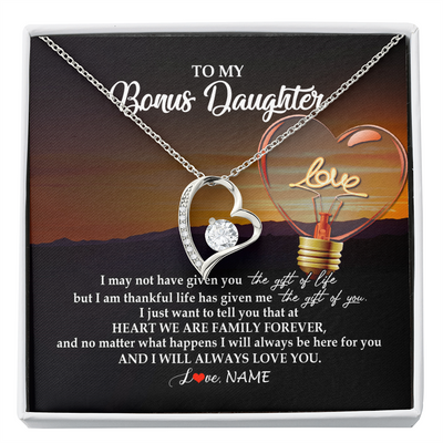 Forever Love Necklace | Personalized To My Bonus Daughter Necklace from Stepmom Stepdad I Will Always Love You Stepdaughter Jewelry Birthday Wedding Christmas Customized Message Card | siriusteestore