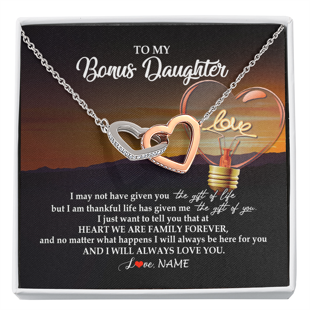 Interlocking Hearts Necklace | Personalized To My Bonus Daughter Necklace from Stepmom Stepdad I Will Always Love You Stepdaughter Jewelry Birthday Wedding Christmas Customized Message Card | siriusteestore