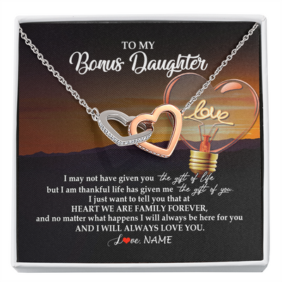 Interlocking Hearts Necklace | Personalized To My Bonus Daughter Necklace from Stepmom Stepdad I Will Always Love You Stepdaughter Jewelry Birthday Wedding Christmas Customized Message Card | siriusteestore