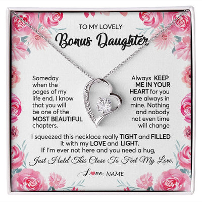 Forever Love Necklace | Personalized To My Bonus Daughter Necklace from Stepmother Always Keep Me in Your Heart Stepdaughter Birthday Christmas Customized Gift Box Message Card | siriusteestore