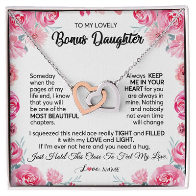 Interlocking Hearts Necklace | Personalized To My Bonus Daughter Necklace from Stepmother Always Keep Me in Your Heart Stepdaughter Birthday Christmas Customized Gift Box Message Card | siriusteestore
