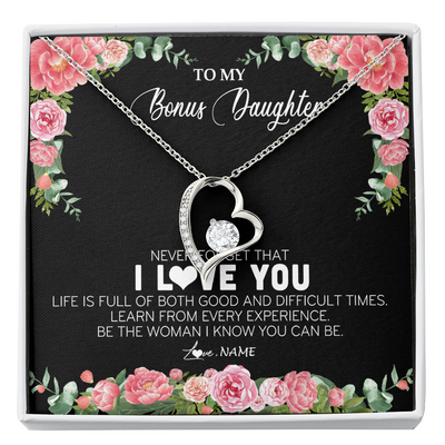 Forever Love Necklace | Personalized To My Bonus Daughter Necklace from Stepmother Never Forget I Love You Floral Jewelry for Stepdaughter Birthday Christmas Customized Message Card | siriusteestore