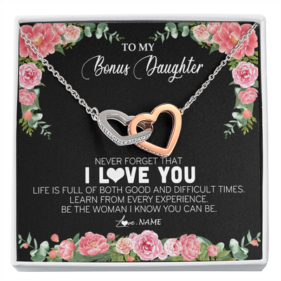 Interlocking Hearts Necklace | Personalized To My Bonus Daughter Necklace from Stepmother Never Forget I Love You Floral Jewelry for Stepdaughter Birthday Christmas Customized Message Card | siriusteestore