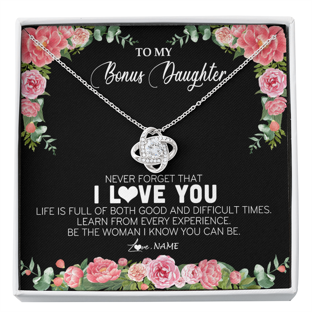 Love Knot Necklace | Personalized To My Bonus Daughter Necklace from Stepmother Never Forget I Love You Floral Jewelry for Stepdaughter Birthday Christmas Customized Message Card | siriusteestore