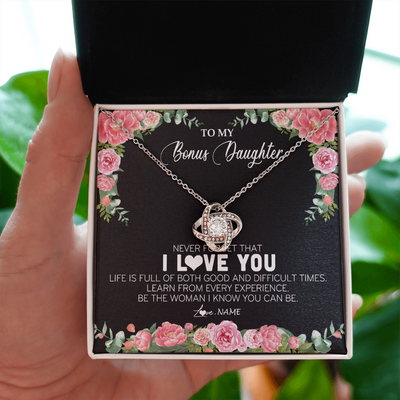 Love Knot Necklace | Personalized To My Bonus Daughter Necklace from Stepmother Never Forget I Love You Floral Jewelry for Stepdaughter Birthday Christmas Customized Message Card | siriusteestore