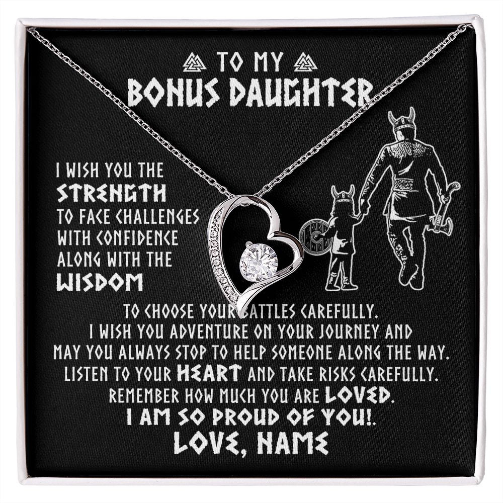 Forever Love Necklace | Personalized To My Bonus Daughter Viking Necklace From Stepdad I Am So Proud Of You Runes Viking Stepdaughter Christmas Customized Gift Box Message Card | siriusteestore