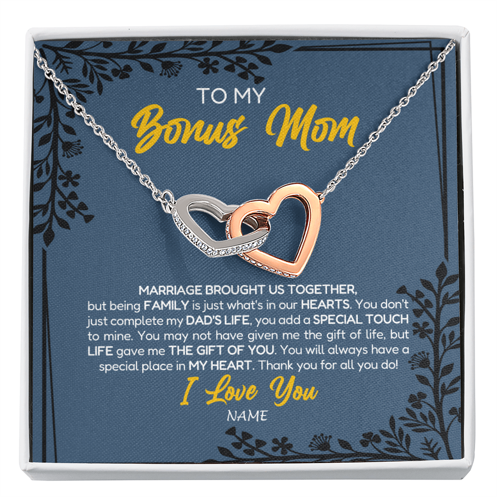 Interlocking Hearts Necklace | Personalized To My Bonus Mom Necklace From Daughter Stepmom Jewelry Birthday Mothers Day Christmas Customized Box Message Card | siriusteestore
