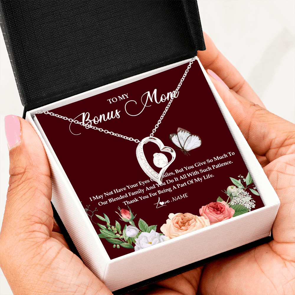 Forever Love Necklace | Personalized To My Bonus Mom Necklace Thank You For Being A Part Of My Life Mother In Law Stepmom Jewelry Birthday Mothers Day Customized Gift Box Message Card | siriusteestore