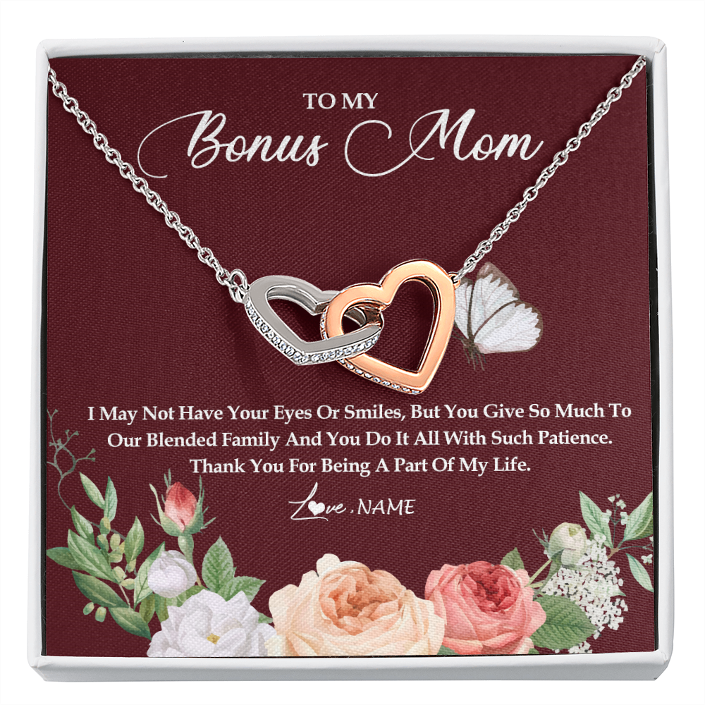 Interlocking Hearts Necklace | Personalized To My Bonus Mom Necklace Thank You For Being A Part Of My Life Mother In Law Stepmom Jewelry Birthday Mothers Day Customized Gift Box Message Card | siriusteestore