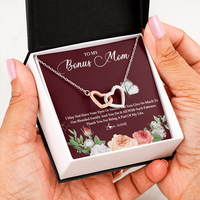 Interlocking Hearts Necklace | Personalized To My Bonus Mom Necklace Thank You For Being A Part Of My Life Mother In Law Stepmom Jewelry Birthday Mothers Day Customized Gift Box Message Card | siriusteestore