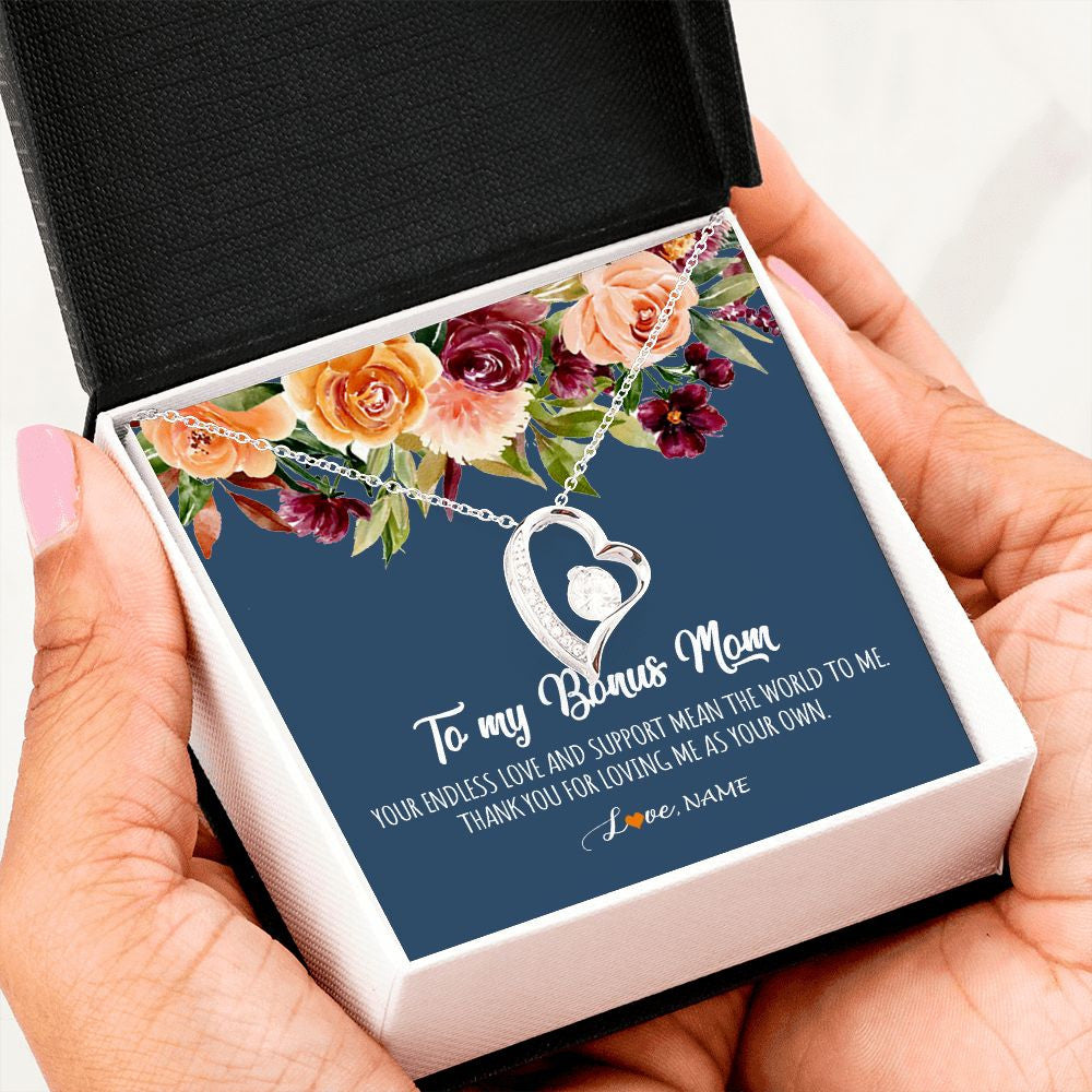Forever Love Necklace | Personalized To My Bonus Mom Necklace Your Endless Love and Support Stepmother Stepmom Jewelry Birthday Mothers Day Christmas Customized Gift Box Message Card | siriusteestore